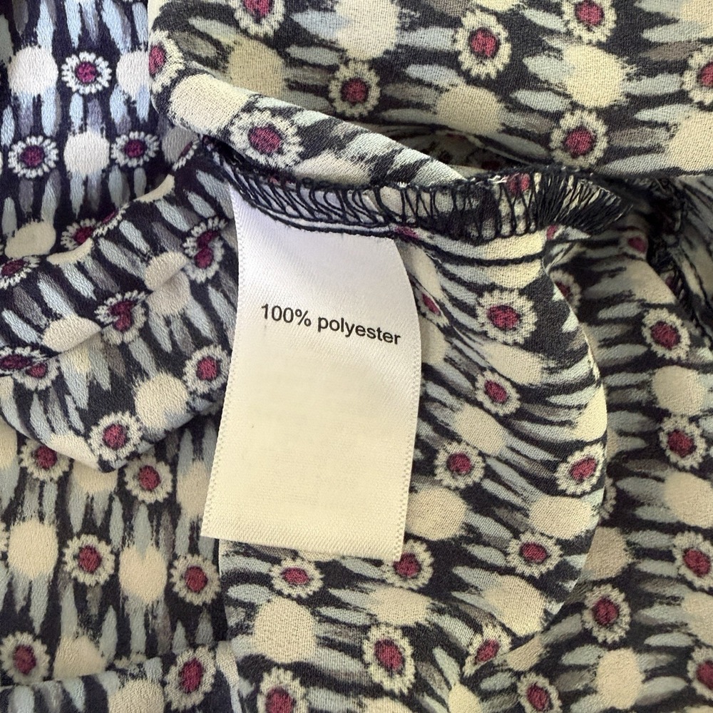 Maurices 3X Blue Geometric Print Blouse Zip Front Pocket Faux Wrap V Neck Top - Picture 8 of 9